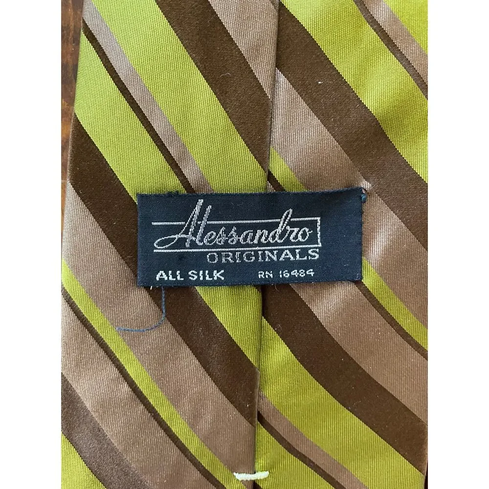 Alessandro Originals All Silk Neck Tie Green Brown Diagonal Stripes RN 16484